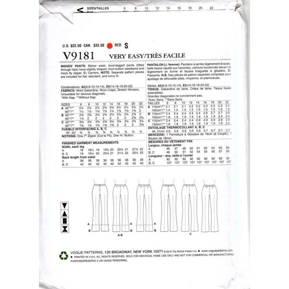 Vogue V9181 Misses 14 to 22 Mid Rise Boot Cut Pants Uncut Sewing Pattern - Picture 2 of 2